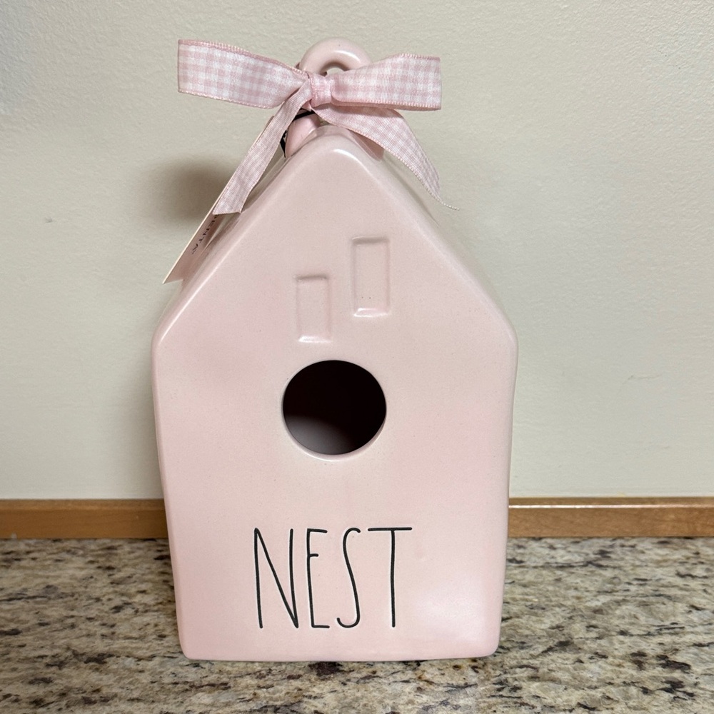 Rae Dunn Blush Pink NEST Birdhouse with Gingham Bow